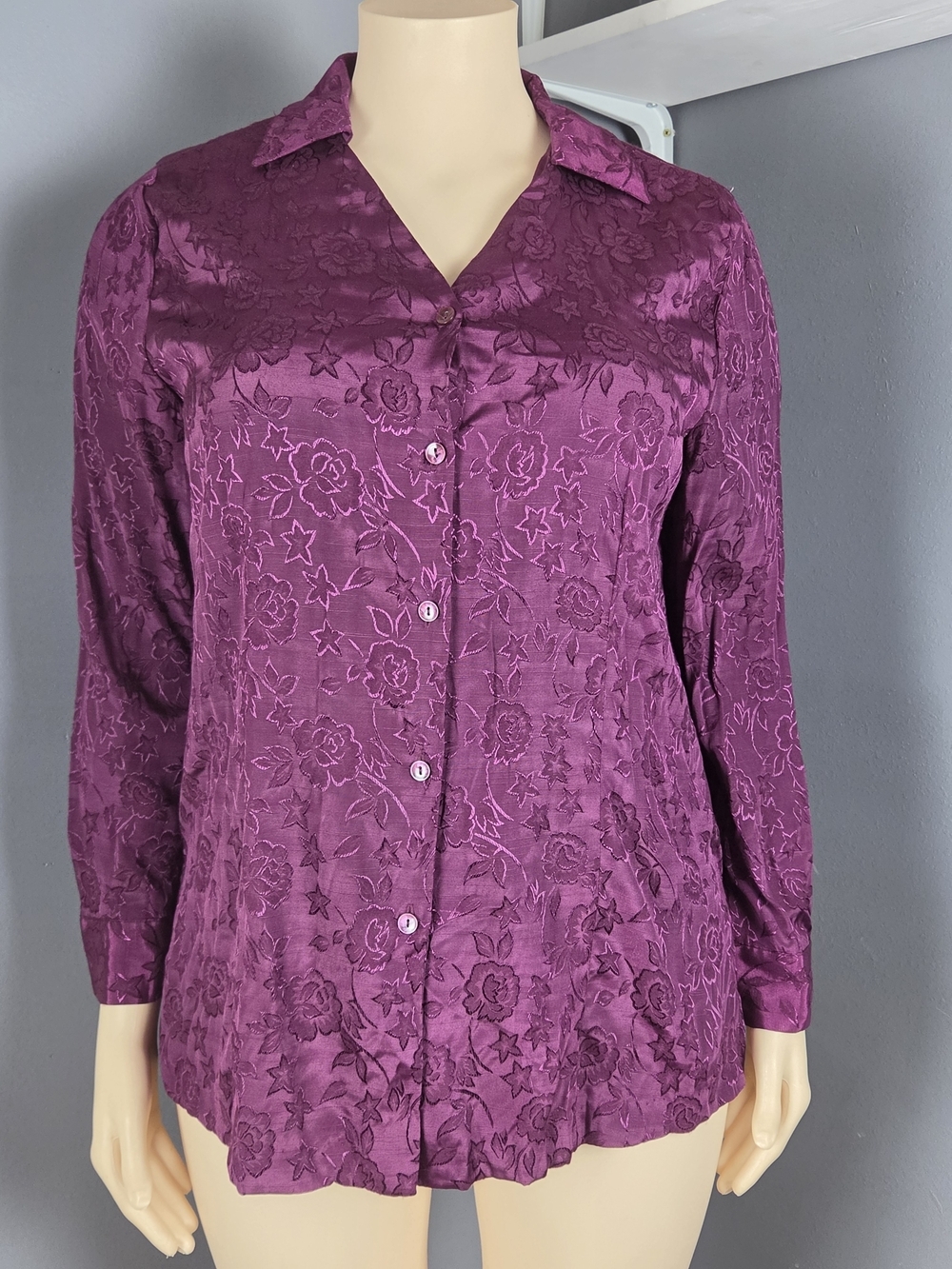 Purple Floral Jacquard Button-Up Blouse - Women